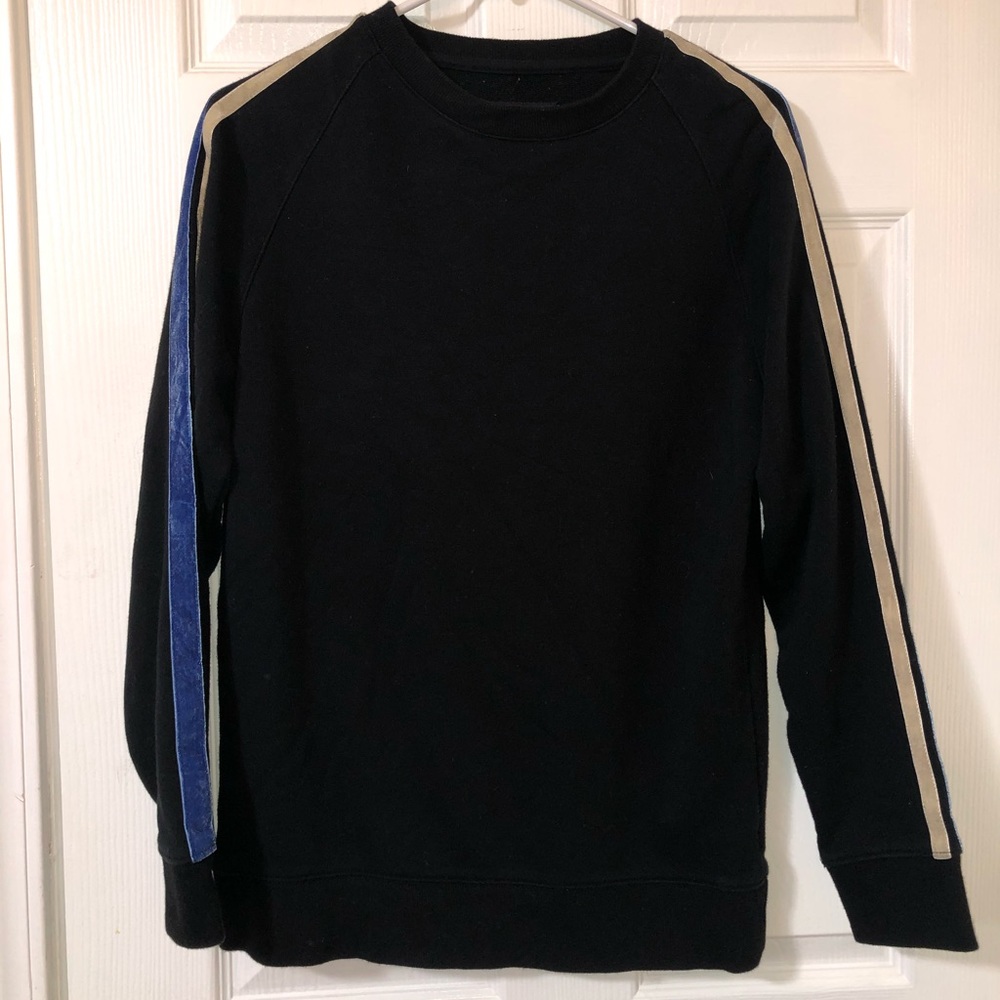 Black Sweater with Blue and Tan Stripes